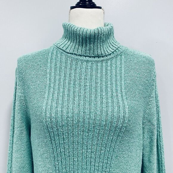 SUNDANCE L Turquoise Toasty Tweed Rib Knit Turtleneck Sweater Soft Cozy Winter - Picture 2 of 16